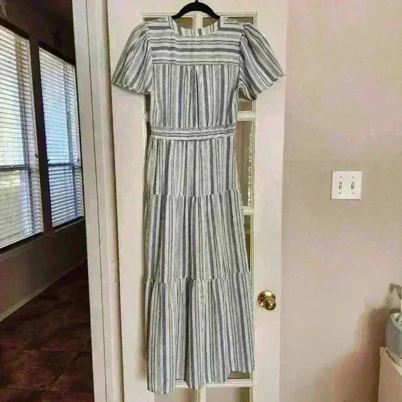 Monteau Short Sleeve V Neck Striped Relaxed Flowy Farmhouse Maxi Dress Medium - Picture 3 of 10